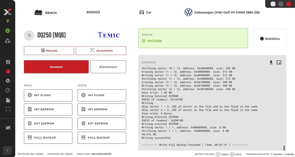 Volkswagen Golf GTI DSG transmission control unit installed after cloning — no fault codes
